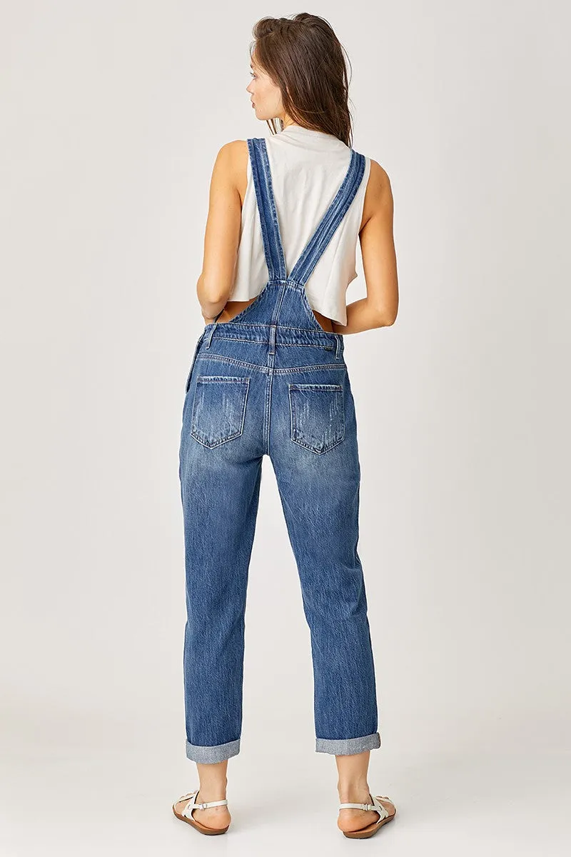 Risen Jeans - Relaxed Fit Knee Distressed Overall Jeans - RDP1092