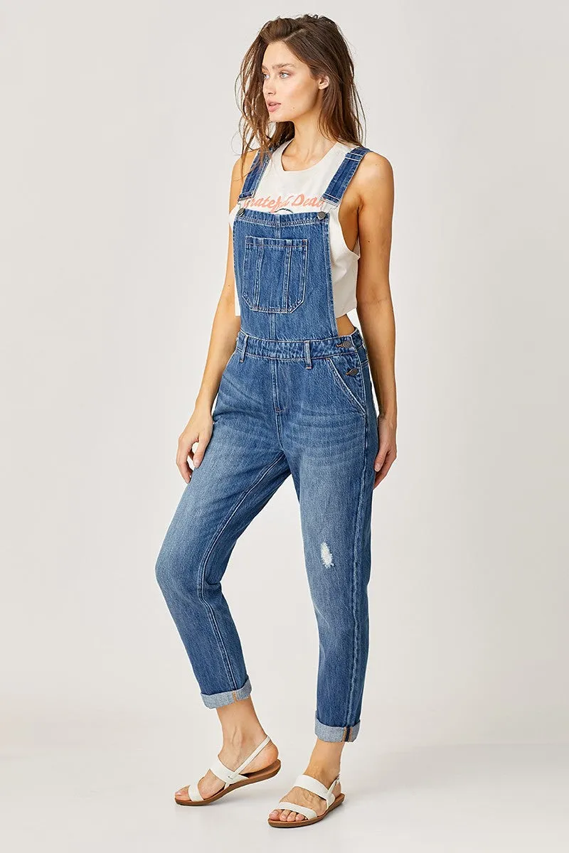 Risen Jeans - Relaxed Fit Knee Distressed Overall Jeans - RDP1092