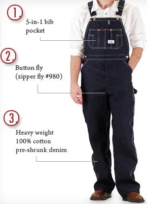 Sale: Zipper Fly Blue Denim Bib Overalls by ROUND HOUSE® Made in USA 980