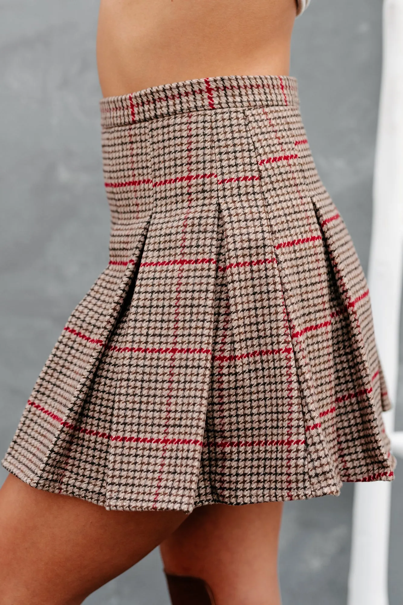 School Girl Crush Pleated Plaid Mini Skirt (Camel/Red Plaid)