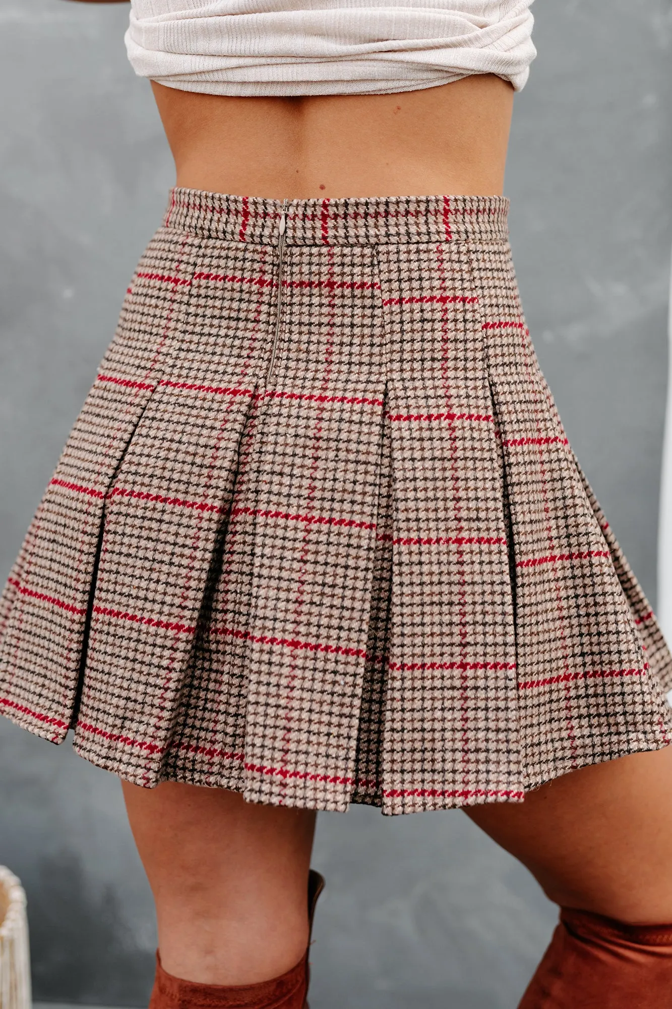 School Girl Crush Pleated Plaid Mini Skirt (Camel/Red Plaid)