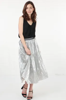 Silver Foil Pleated Skirt with Glitter Stripe Waistband