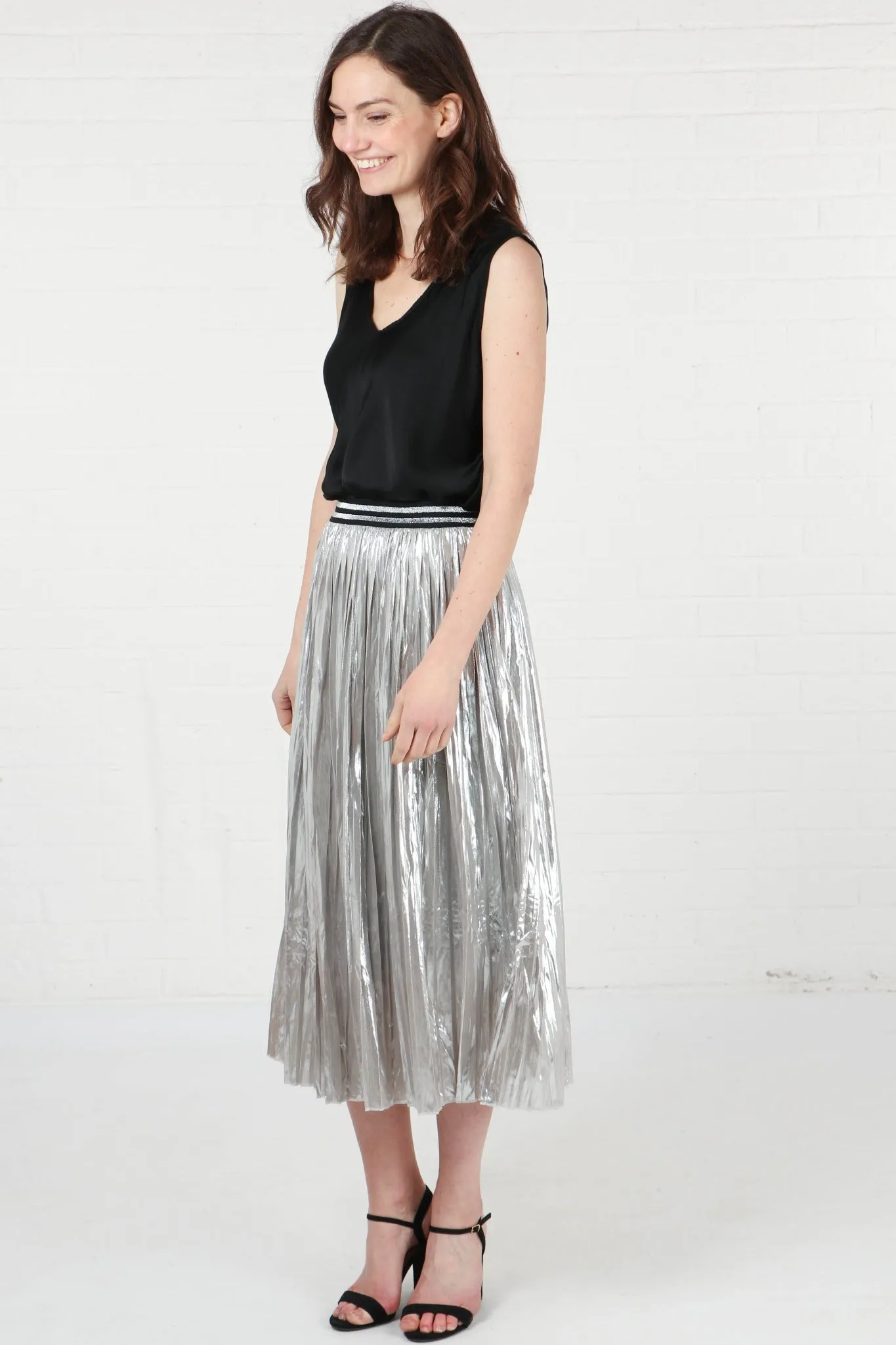 Silver Foil Pleated Skirt with Glitter Stripe Waistband