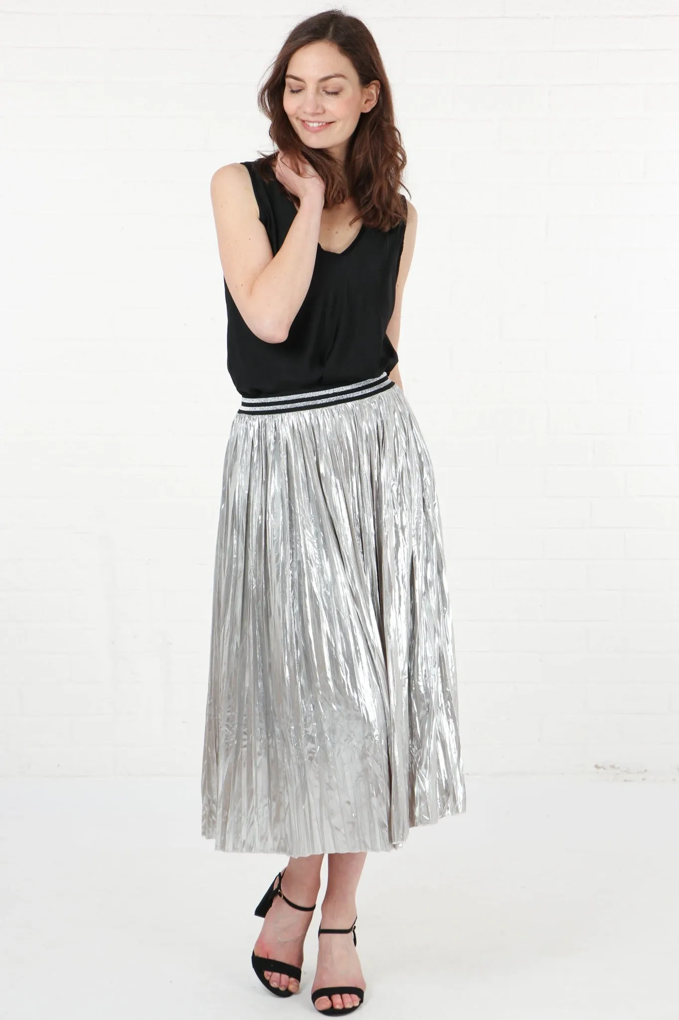 Silver Foil Pleated Skirt with Glitter Stripe Waistband