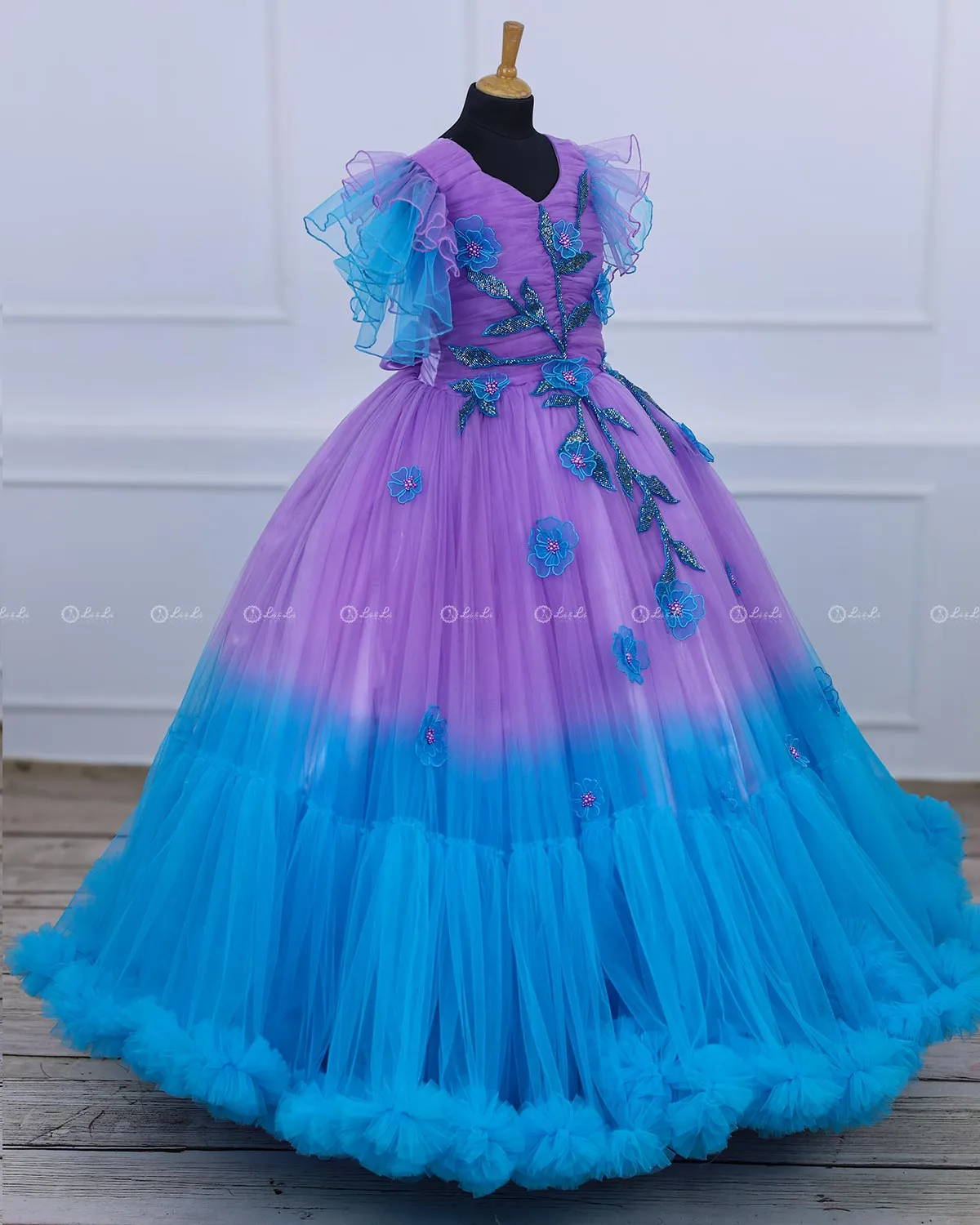 Sky Blue & Lavender Color Gradient Heavy Frill Gown with Handcrafted Embellishments & Layered Sleeves