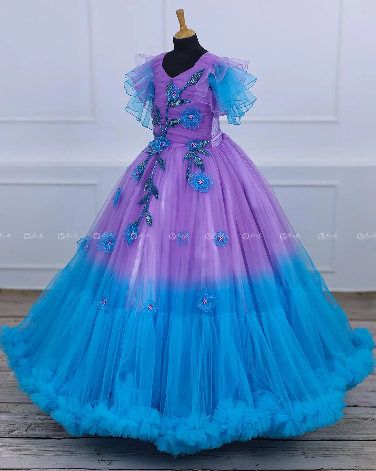 Sky Blue & Lavender Color Gradient Heavy Frill Gown with Handcrafted Embellishments & Layered Sleeves