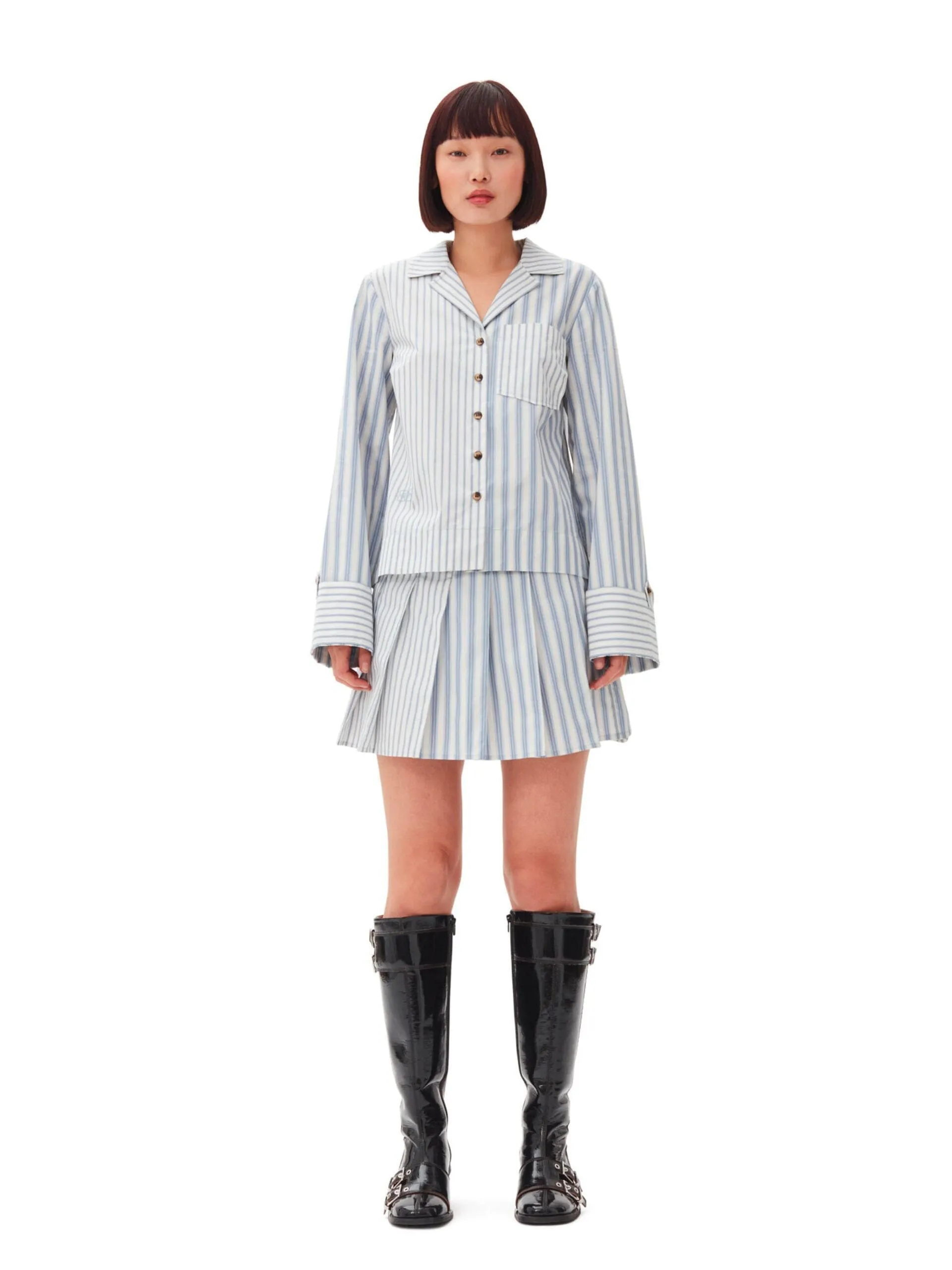 Stripe Cotton Pleated Mini Skirt / Egret