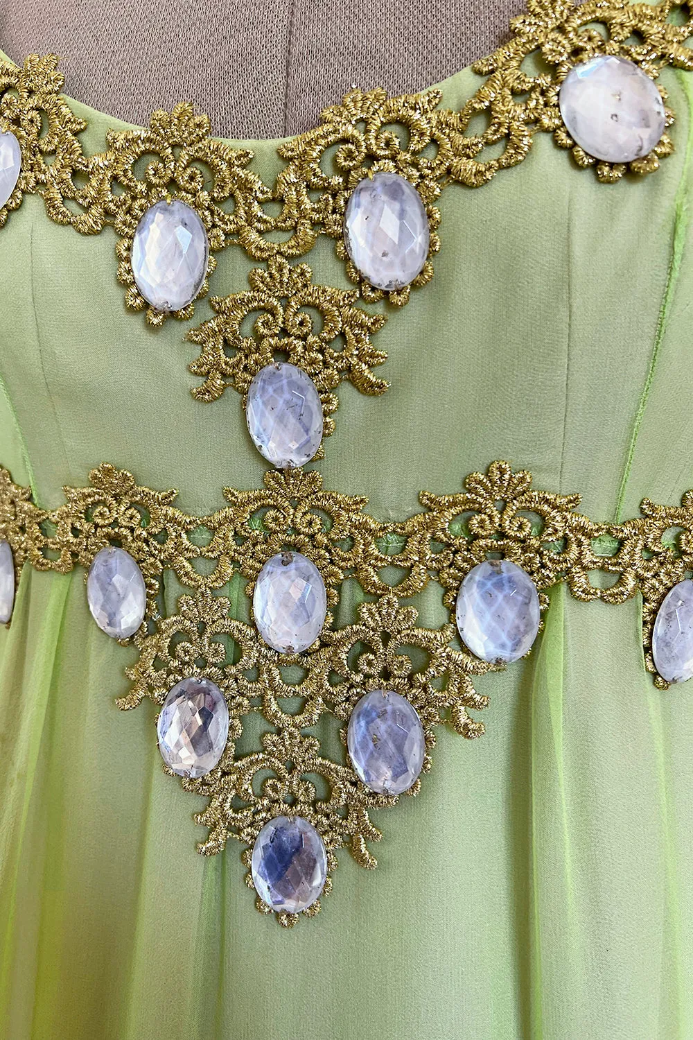 Stunning Unlabelled Vintage Soft Lime Silk Chiffon Regency Inspired Dress & Coat Set