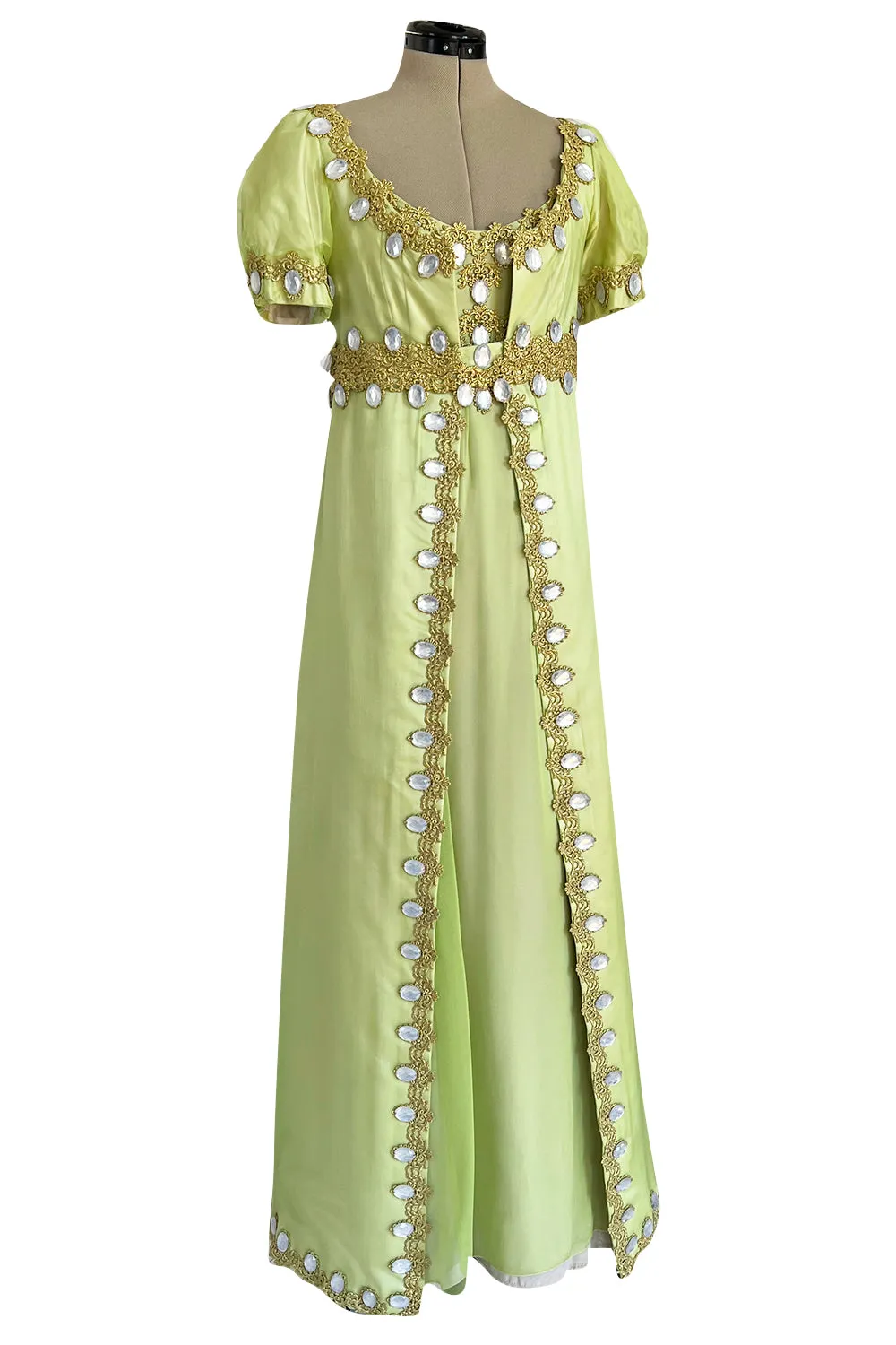 Stunning Unlabelled Vintage Soft Lime Silk Chiffon Regency Inspired Dress & Coat Set