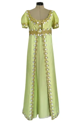 Stunning Unlabelled Vintage Soft Lime Silk Chiffon Regency Inspired Dress & Coat Set