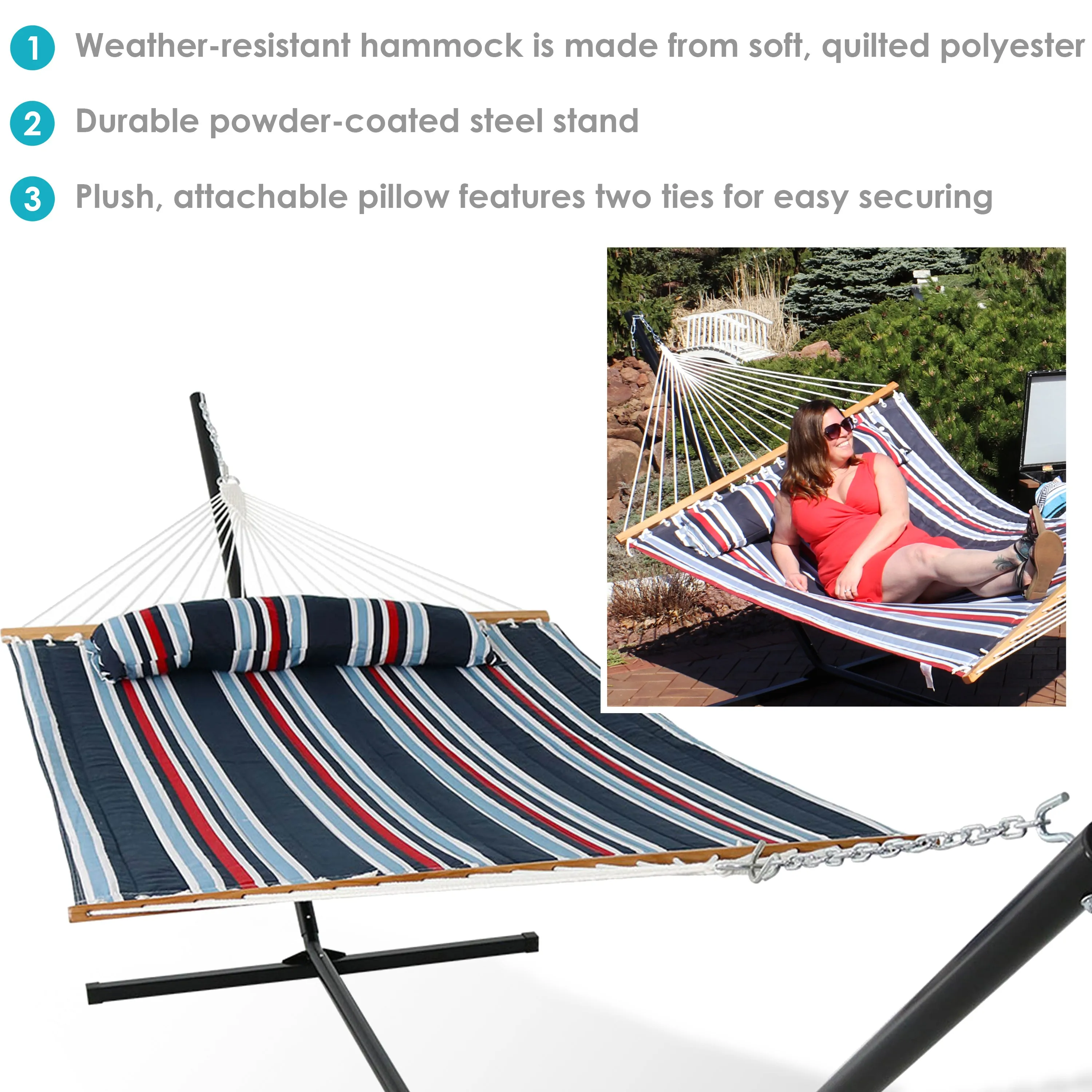 Sunnydaze 2-Person Freestanding Quilted Fabric Hammock with Stand