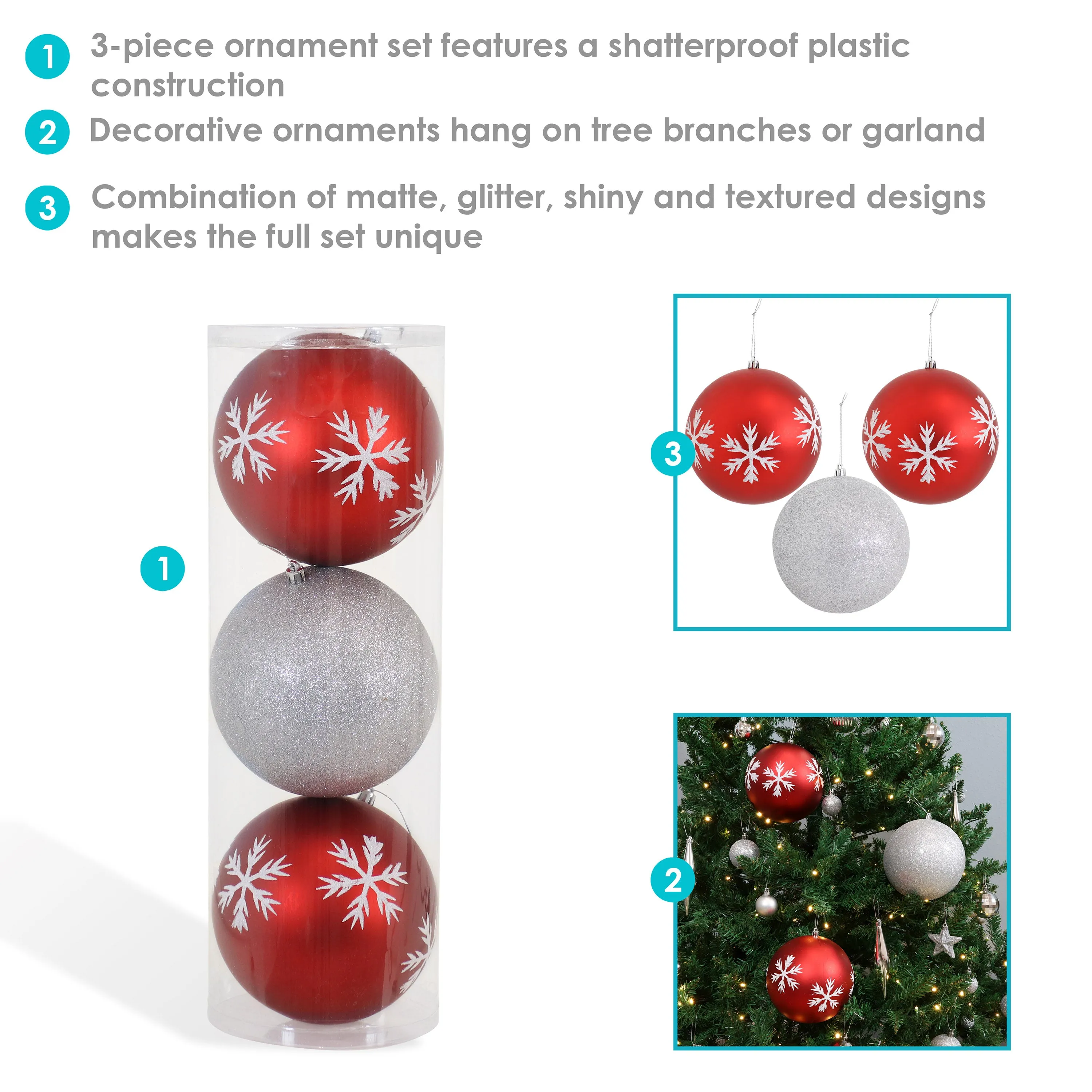 Sunnydaze 3ct 6" Sparkle and Shine Christmas Ball Ornament Set - Red and Silver