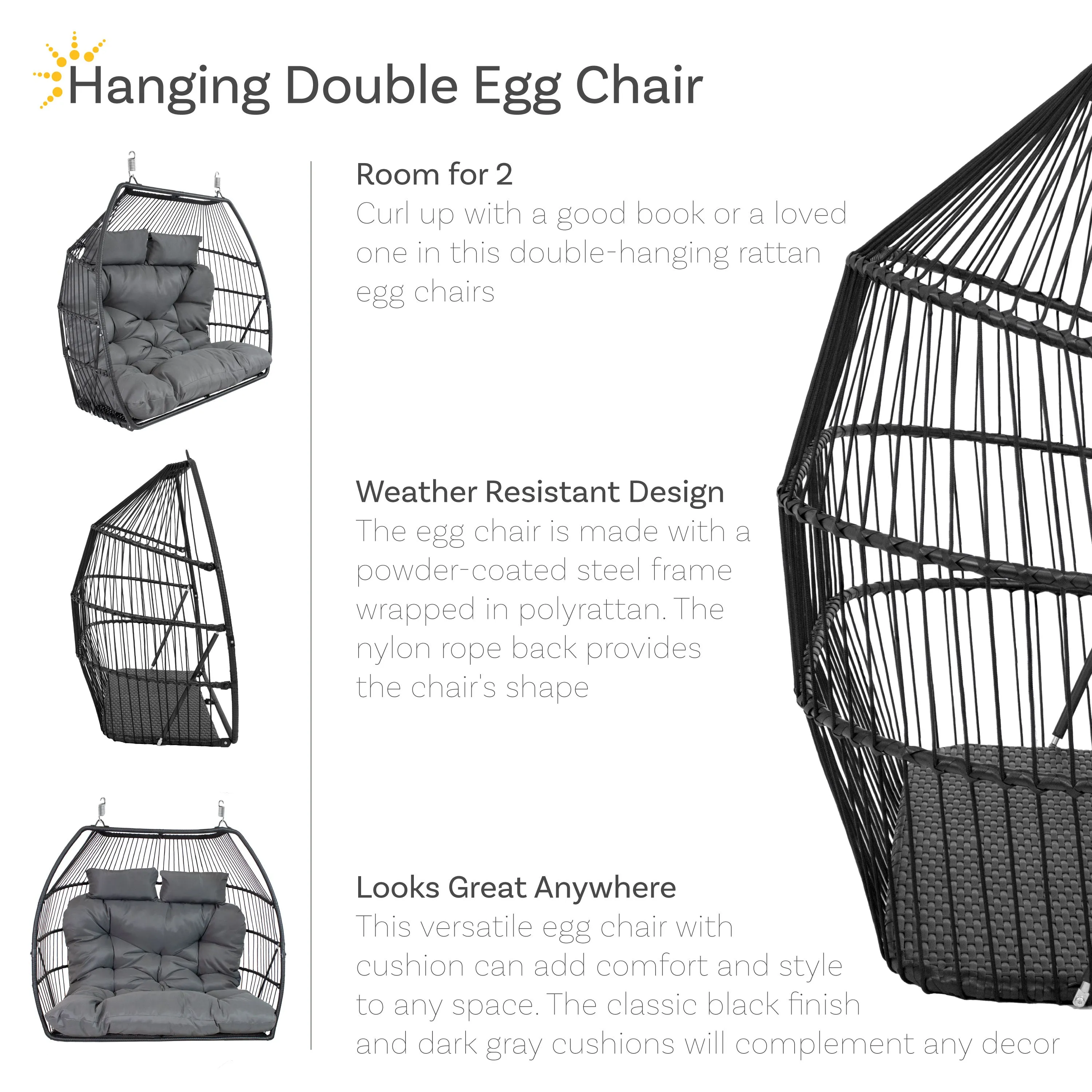 Sunnydaze Andrei Double Hanging Egg Chair with Cushion - Dark Gray