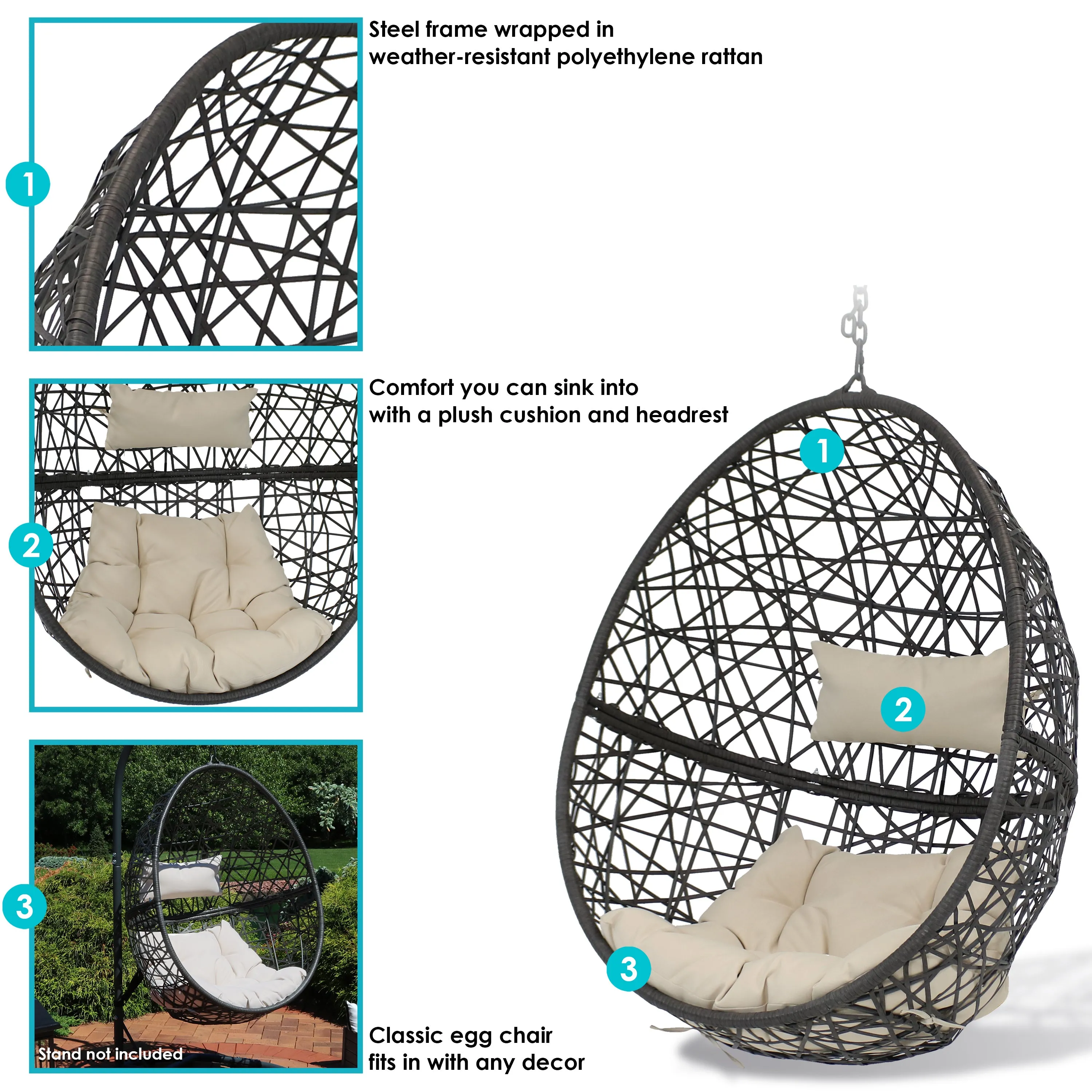 Sunnydaze Caroline Outdoor Hanging Egg Chair with Cushion