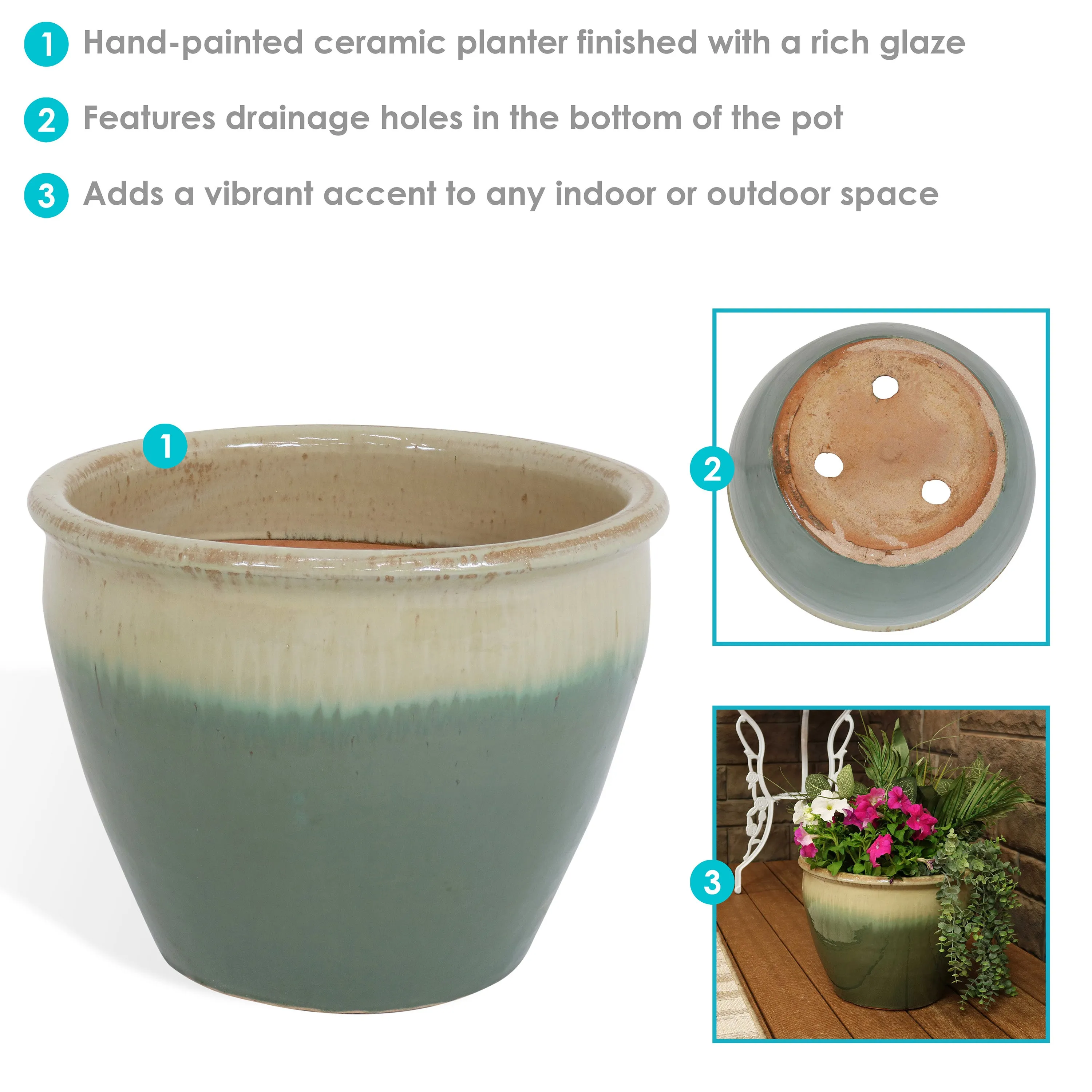 Sunnydaze Chalet High-Fired Glazed Ceramic Planter - 15"