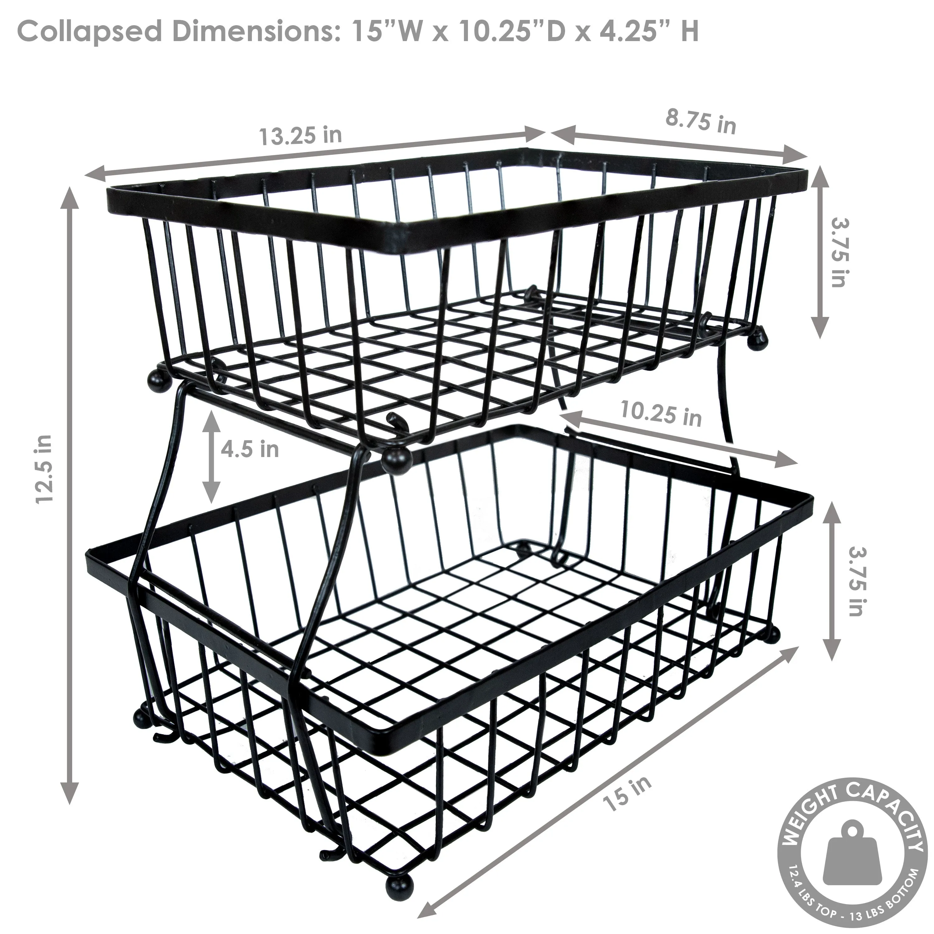 Sunnydaze Collapsible 2-Tier Fruit Basket - Black