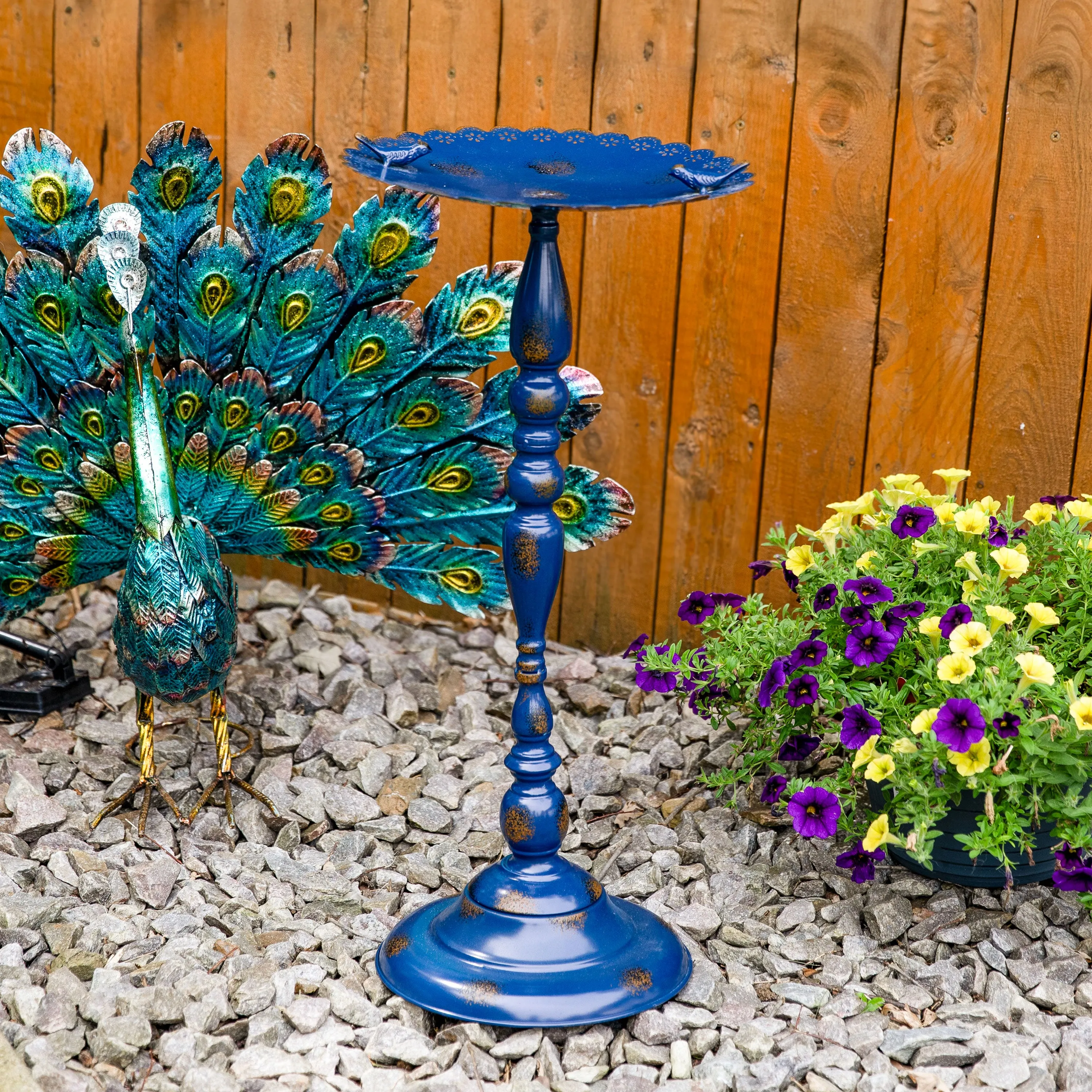 Sunnydaze Feathered Friends Iron Pedestal Bird Feeder - Blue - 26" H