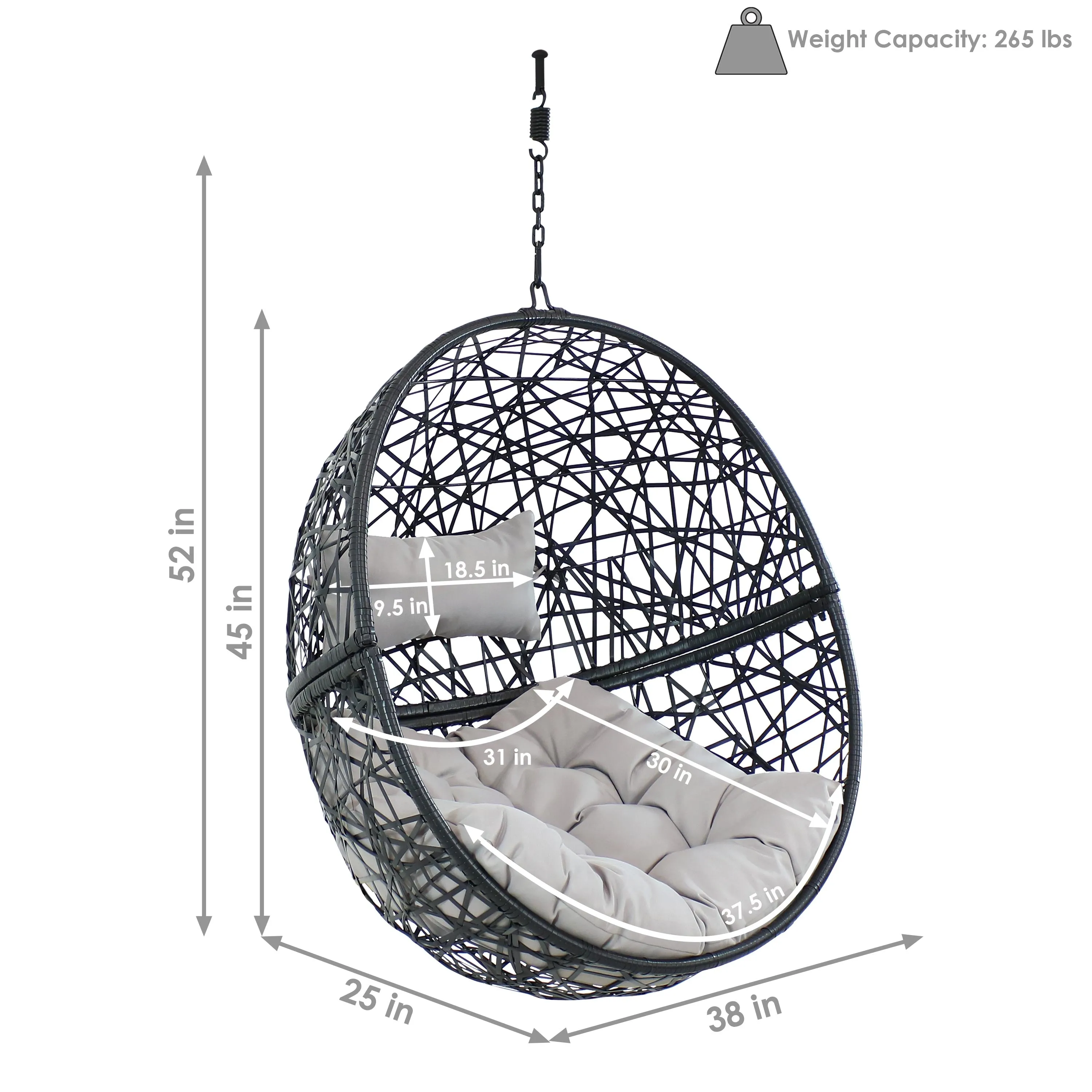 Sunnydaze Jackson Outdoor Hanging Resin Wicker Egg Chair with Cushion