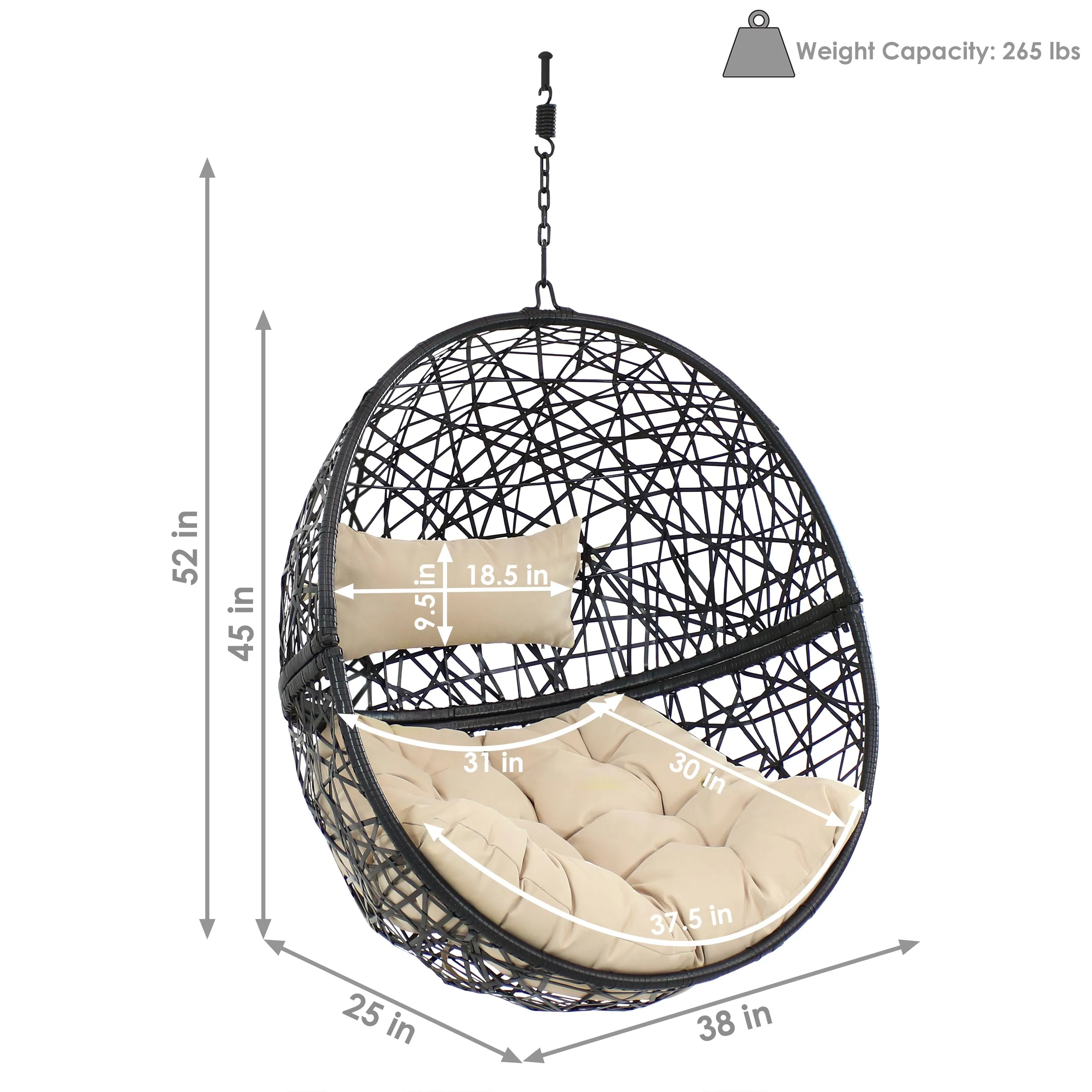 Sunnydaze Jackson Outdoor Hanging Resin Wicker Egg Chair with Cushion