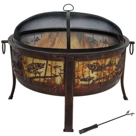 Sunnydaze Northwoods Fishing Fire Pit with Spark Screen - 30" Diameter