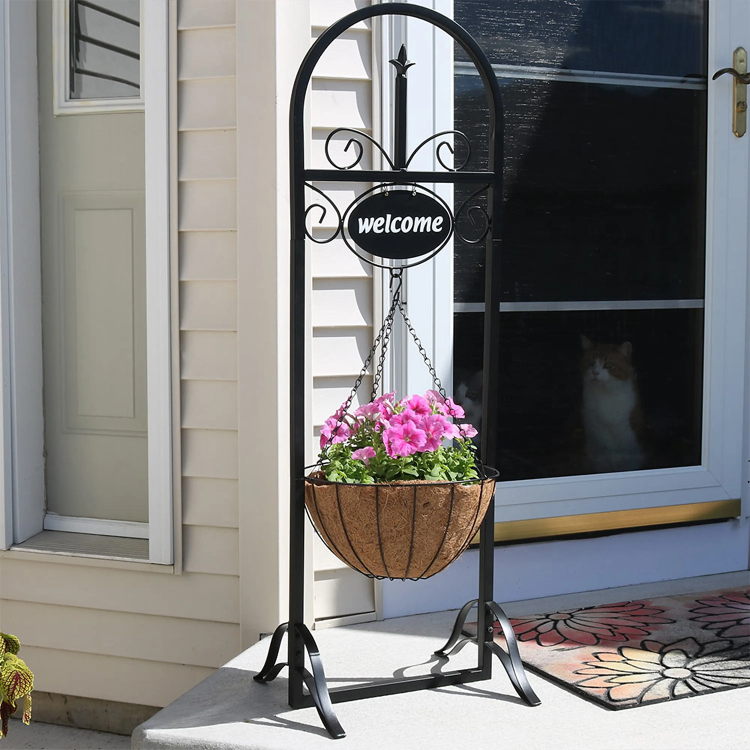 Sunnydaze Outdoor Welcome Sign with Hanging Basket Planter Stand - 48"