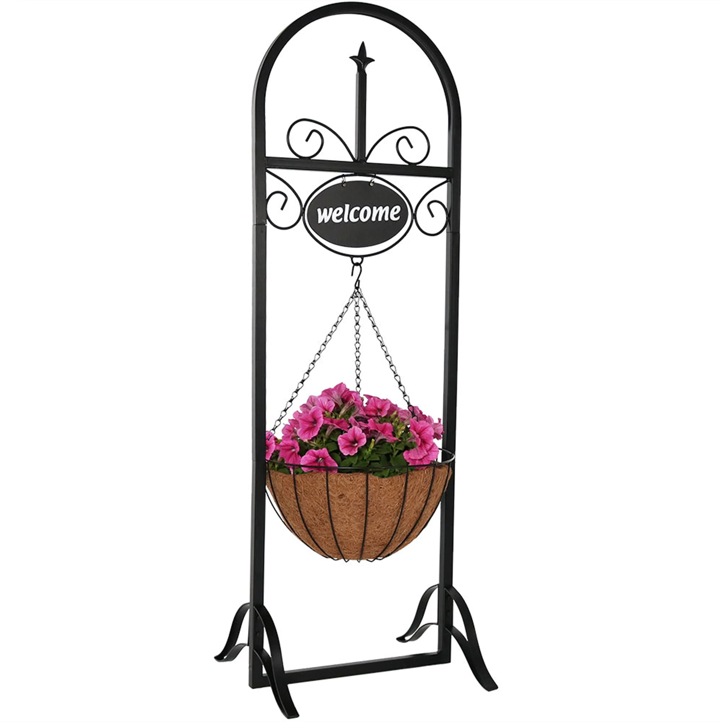 Sunnydaze Outdoor Welcome Sign with Hanging Basket Planter Stand - 48"