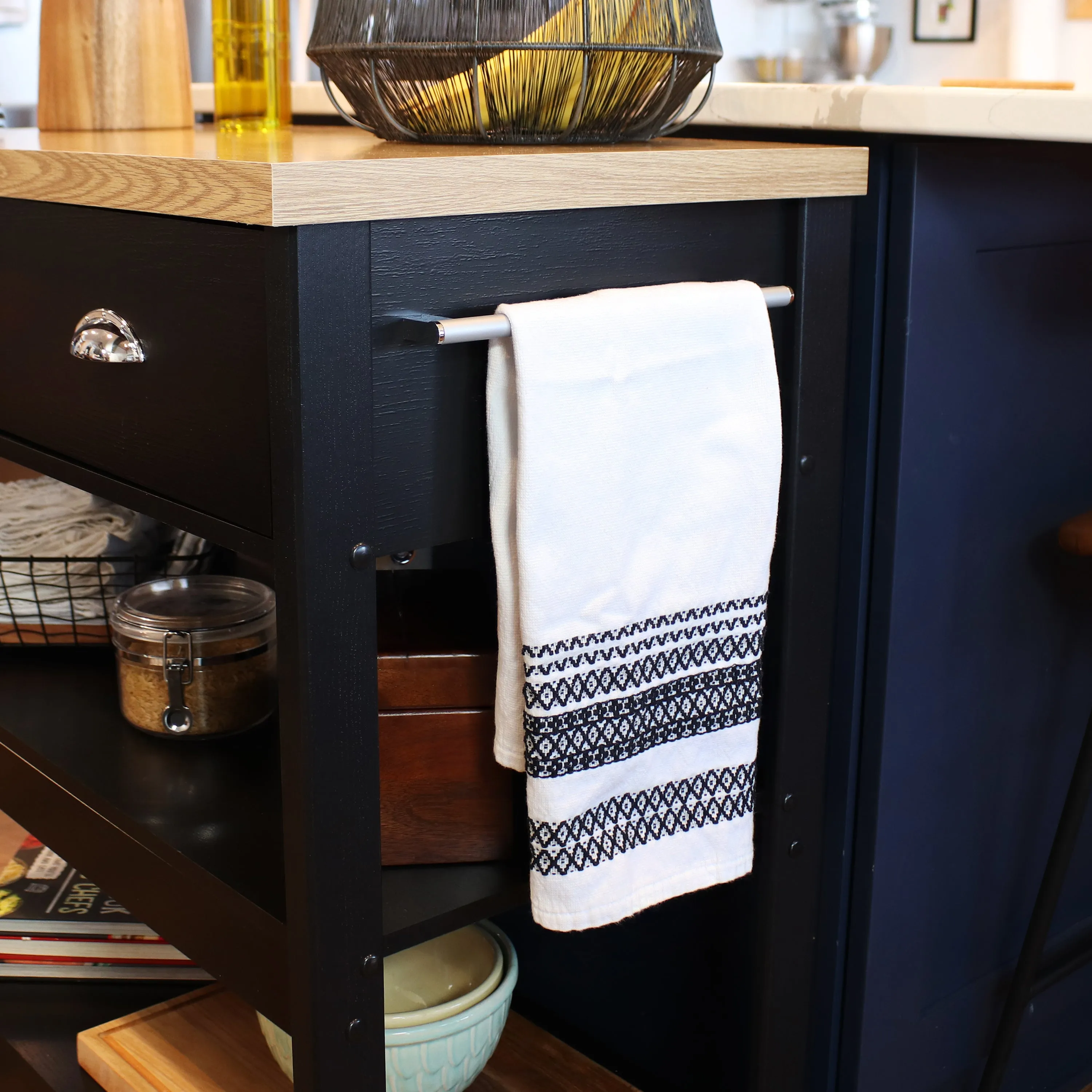 Sunnydaze Rolling Kitchen Island Cart with Drawers and Shelves - Black - 34.25" H