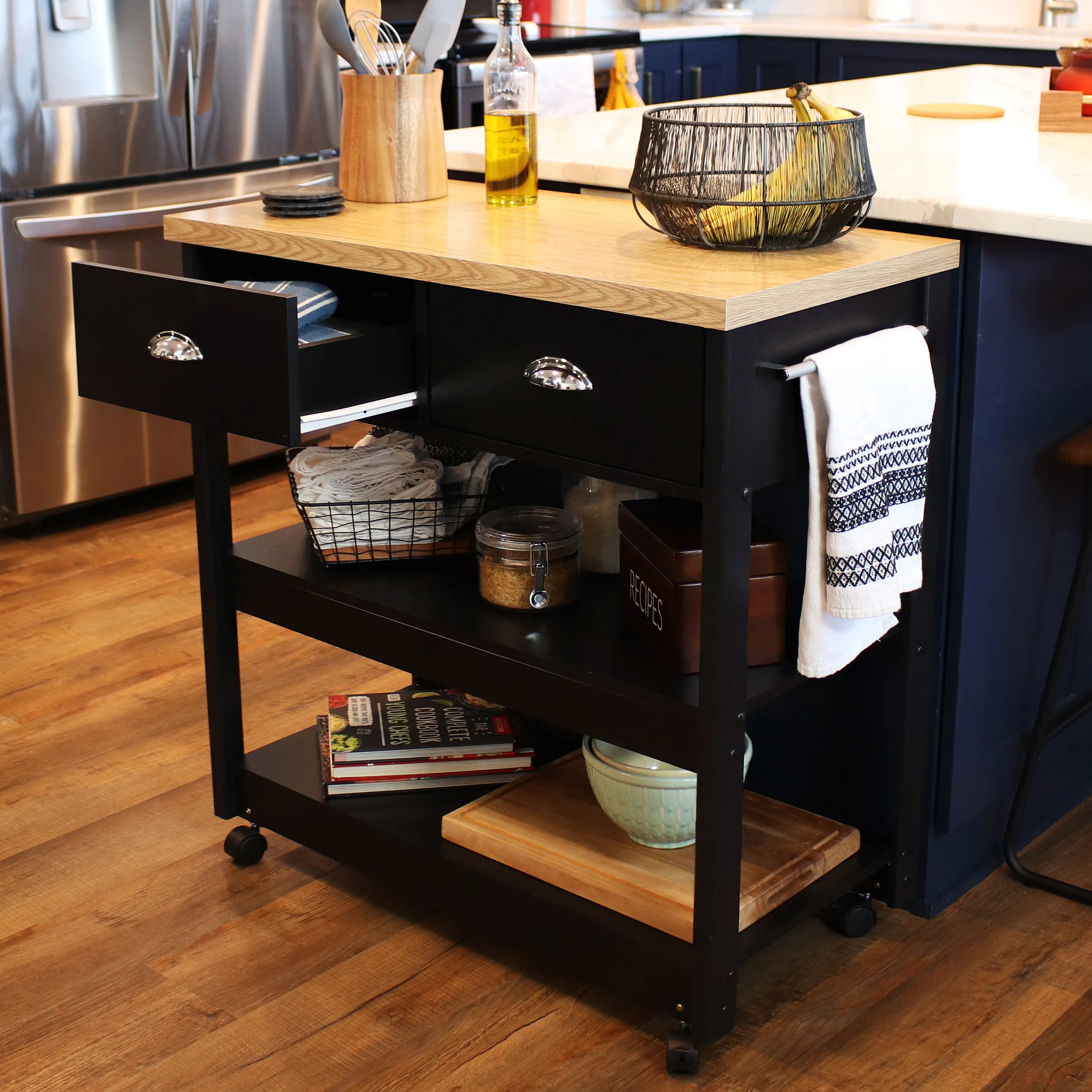 Sunnydaze Rolling Kitchen Island Cart with Drawers and Shelves - Black - 34.25" H