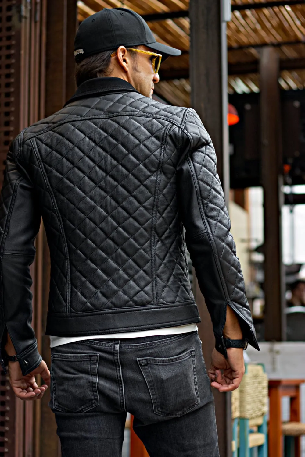 TENNESSEE AX Fancy Trucker Jacket in Black Quilted Leather - Black Collar