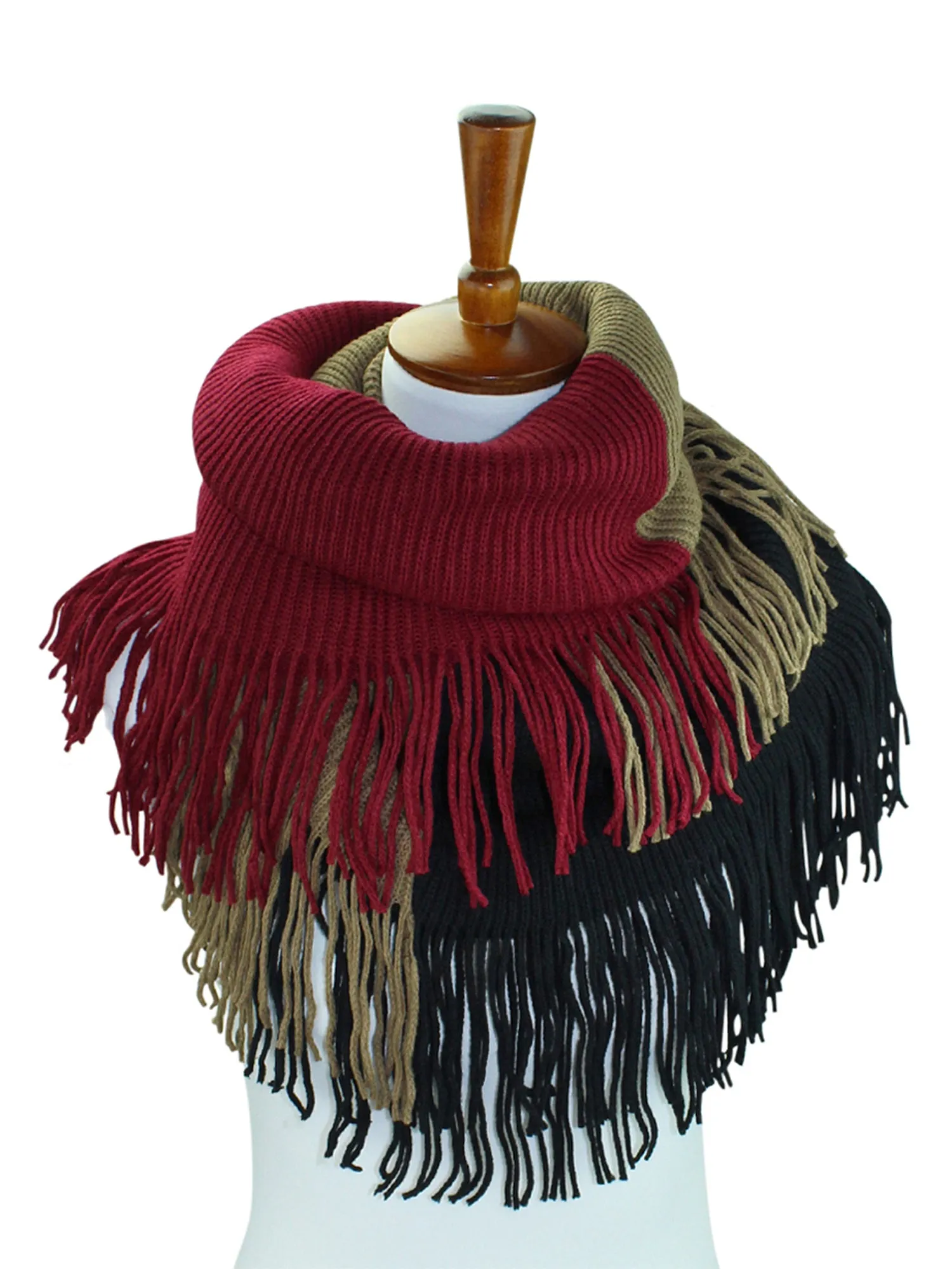 Tricolor Block Winter Knit Infinity Scarf With Fringe