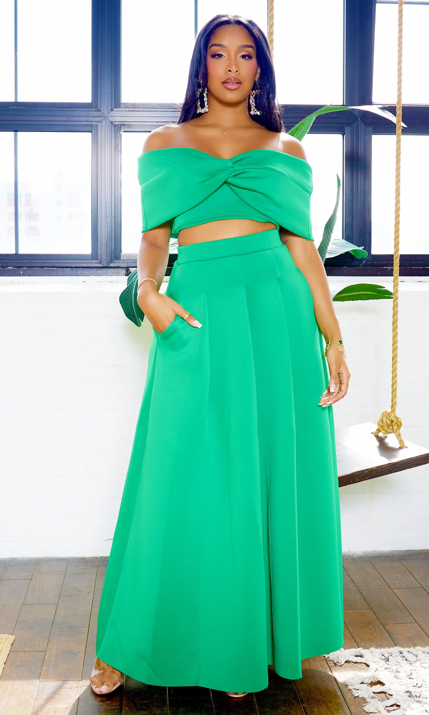 Veronica | Off The Shoulder Crop Skirt Set - Green FINAL SALE