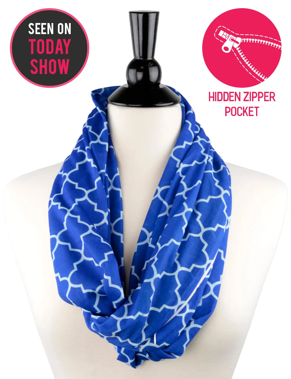 Women's Infinity Scarf with Zipper Pocket, Infinity Scarves with Quatrefoil Patterned Scarf Design & Hidden Zipper Pocket