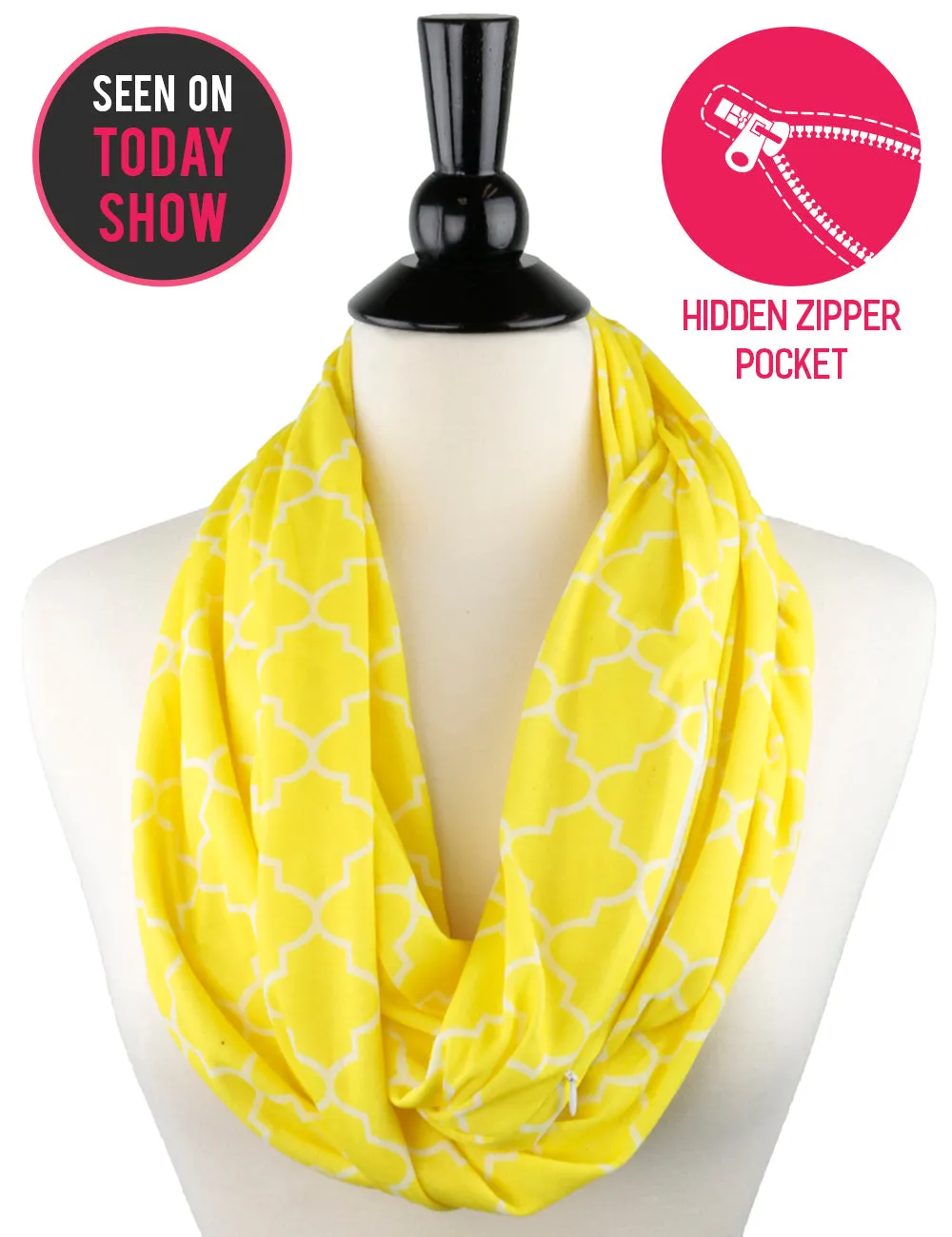 Women's Infinity Scarf with Zipper Pocket, Infinity Scarves with Quatrefoil Patterned Scarf Design & Hidden Zipper Pocket