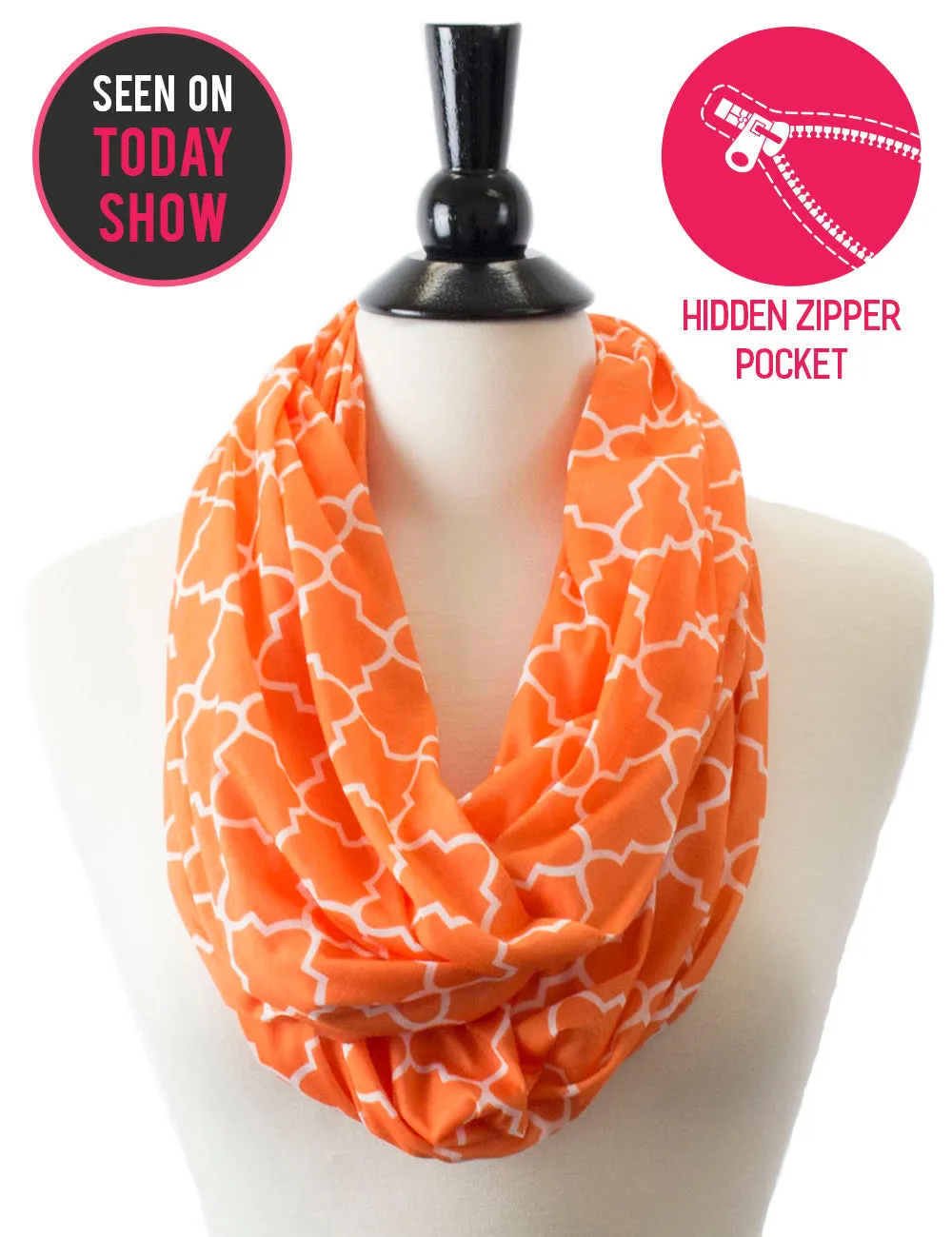 Women's Infinity Scarf with Zipper Pocket, Infinity Scarves with Quatrefoil Patterned Scarf Design & Hidden Zipper Pocket