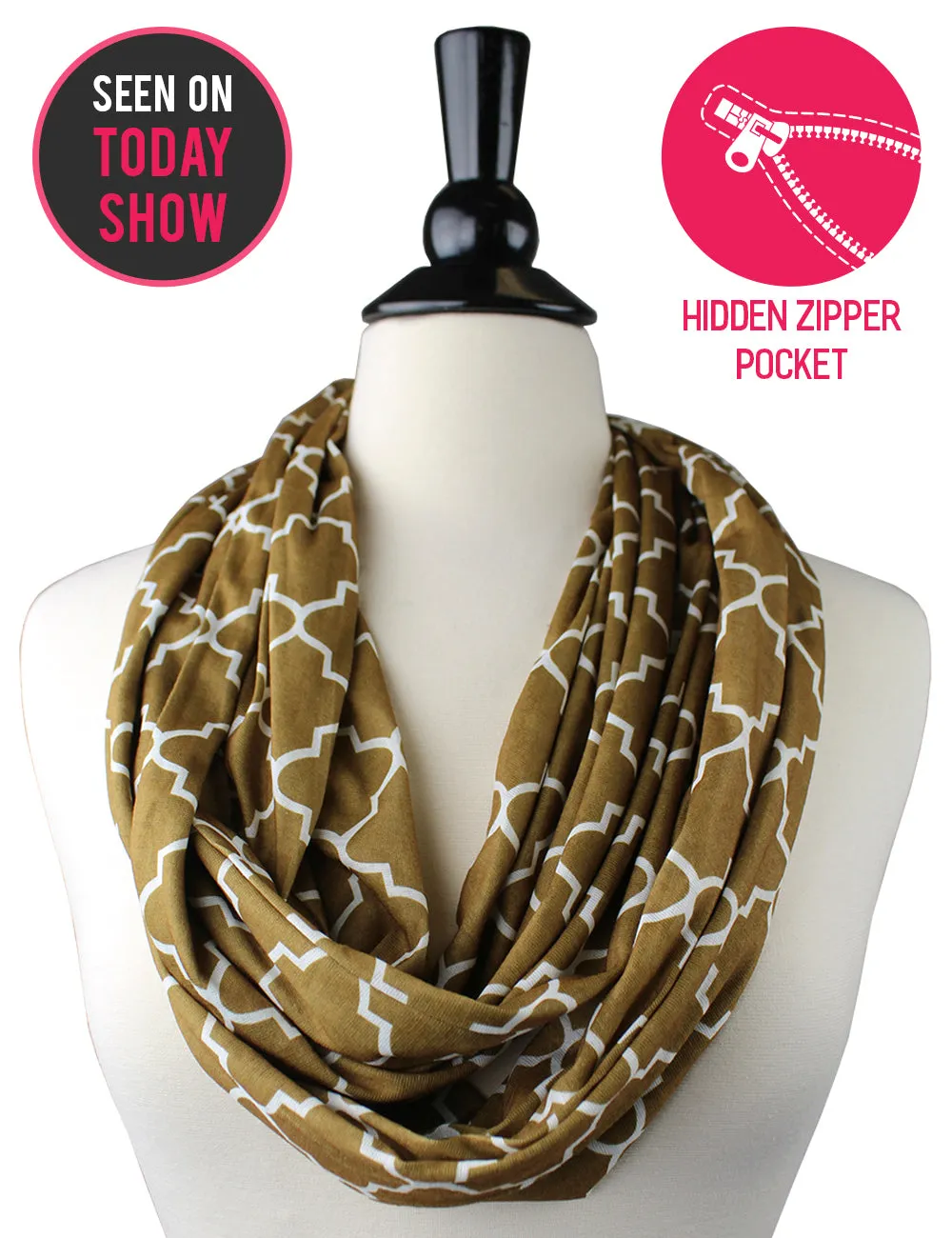 Women's Infinity Scarf with Zipper Pocket, Infinity Scarves with Quatrefoil Patterned Scarf Design & Hidden Zipper Pocket