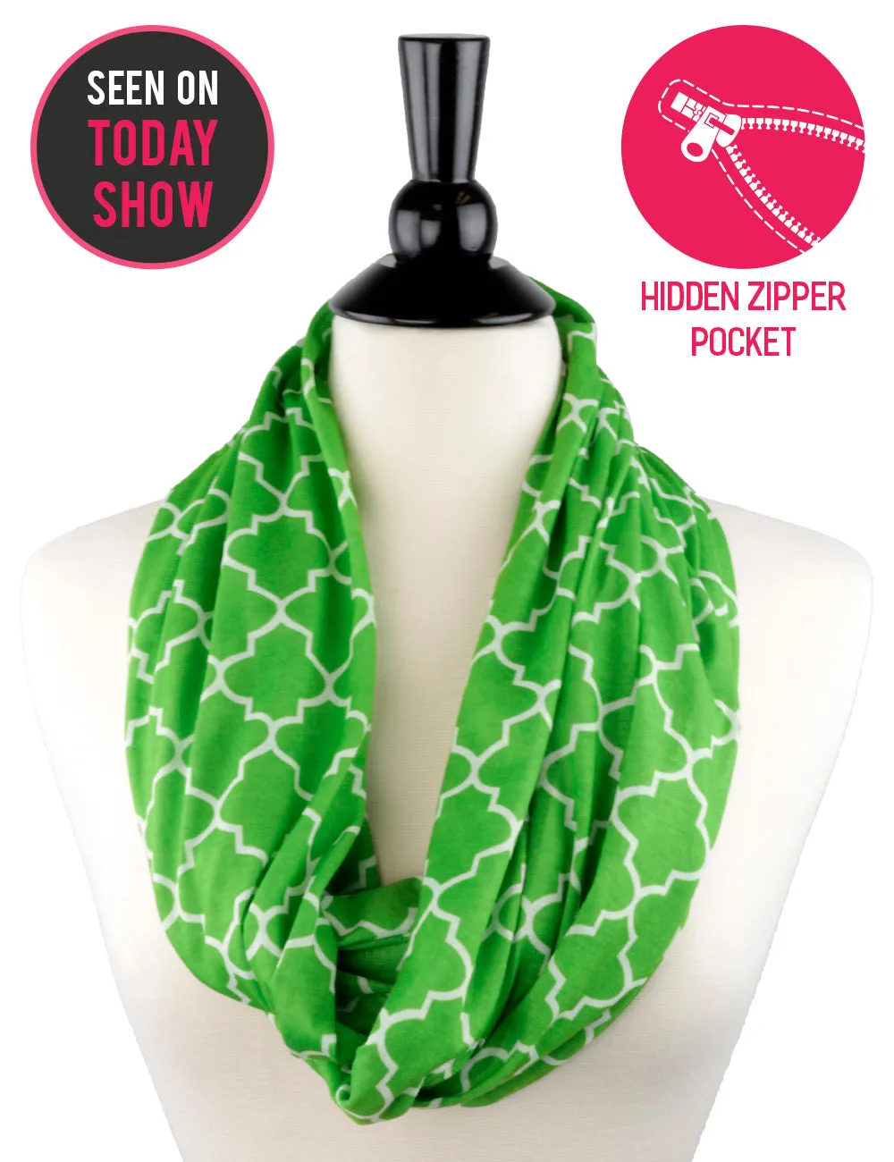 Women's Infinity Scarf with Zipper Pocket, Infinity Scarves with Quatrefoil Patterned Scarf Design & Hidden Zipper Pocket