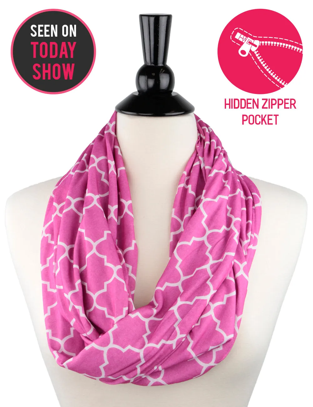 Women's Infinity Scarf with Zipper Pocket, Infinity Scarves with Quatrefoil Patterned Scarf Design & Hidden Zipper Pocket