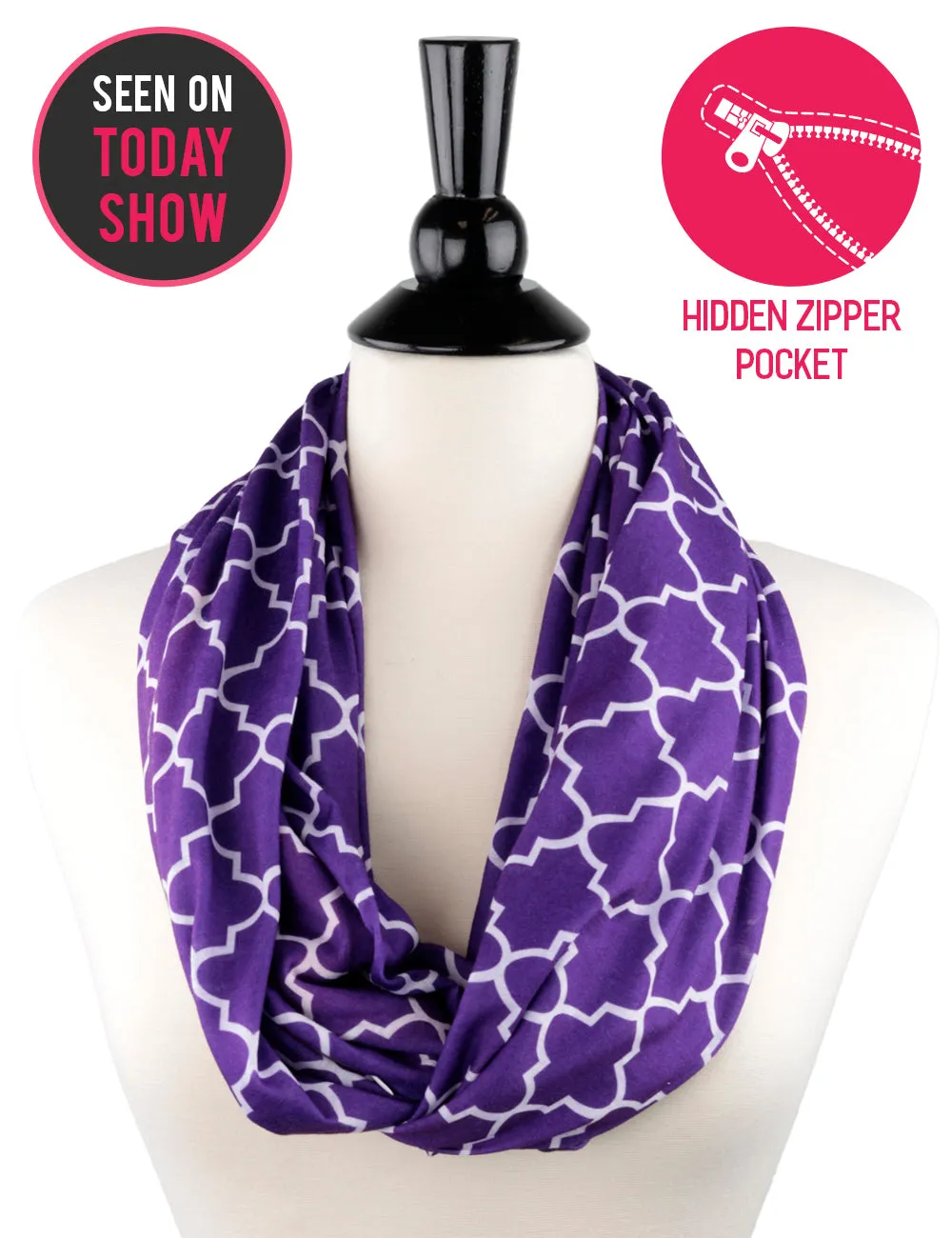 Women's Infinity Scarf with Zipper Pocket, Infinity Scarves with Quatrefoil Patterned Scarf Design & Hidden Zipper Pocket