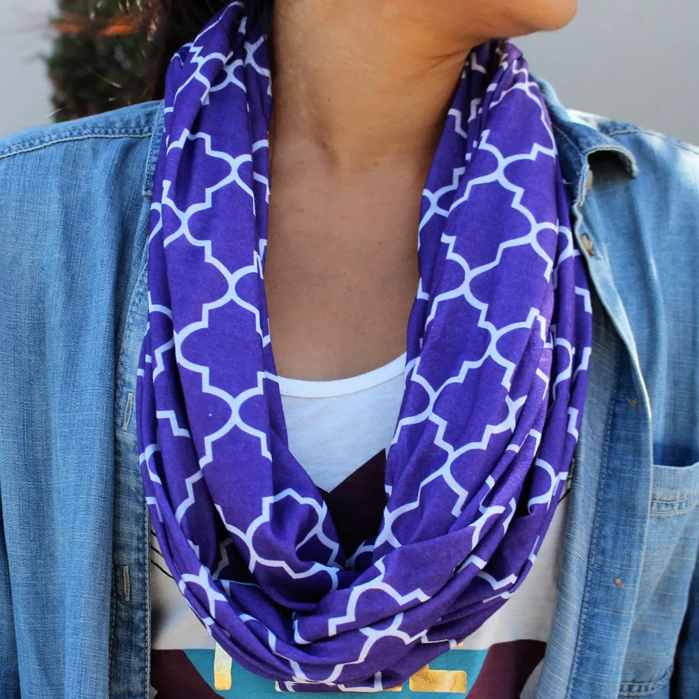 Women's Infinity Scarf with Zipper Pocket, Infinity Scarves with Quatrefoil Patterned Scarf Design & Hidden Zipper Pocket